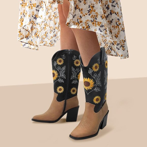 Nzzoo Western Boots Women Black Cowboy Wide Mid Calf Cowgirl Shoes - Picture 3 of 7